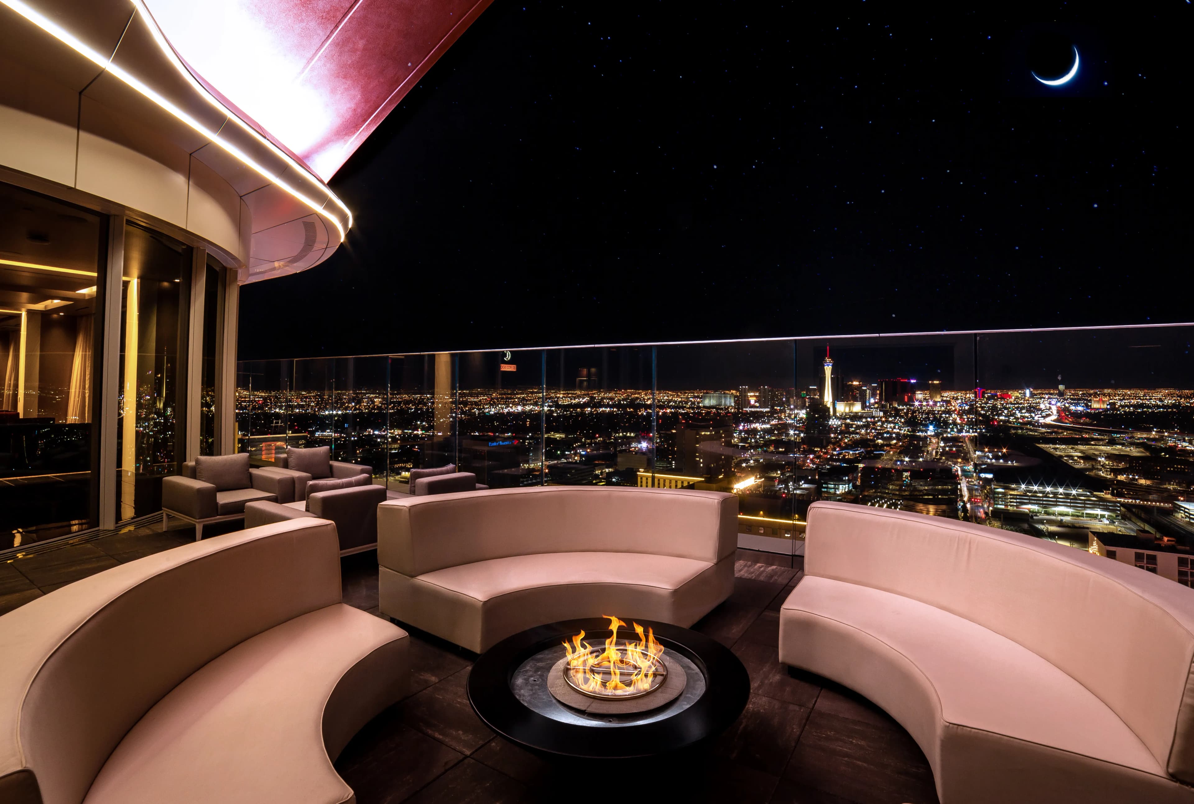 Legacy Club rooftop lounge at night overlooking the Las Vegas Strip