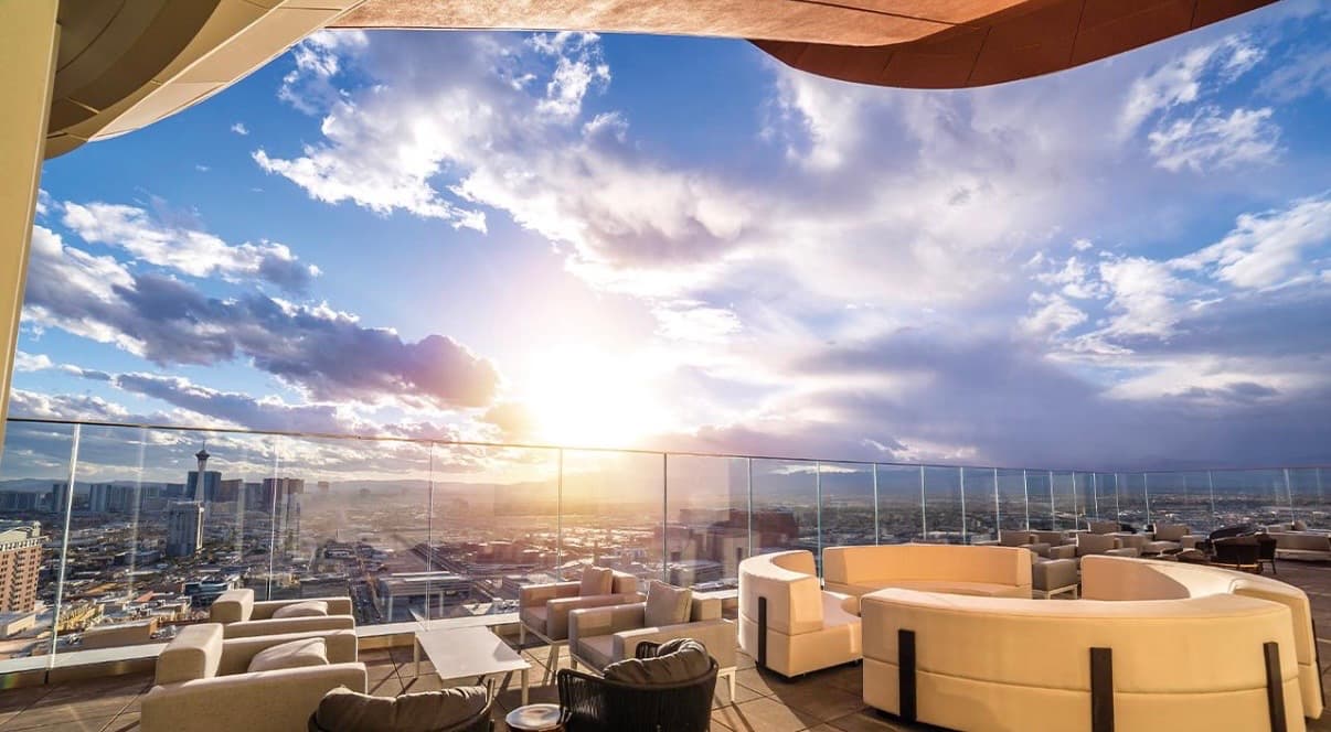 Legacy Club rooftop lounge at sunset overlooking the Las Vegas Strip